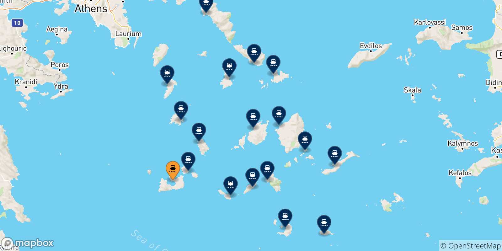 Carte des traversées possibles entre Milos et Îles Des Cyclades