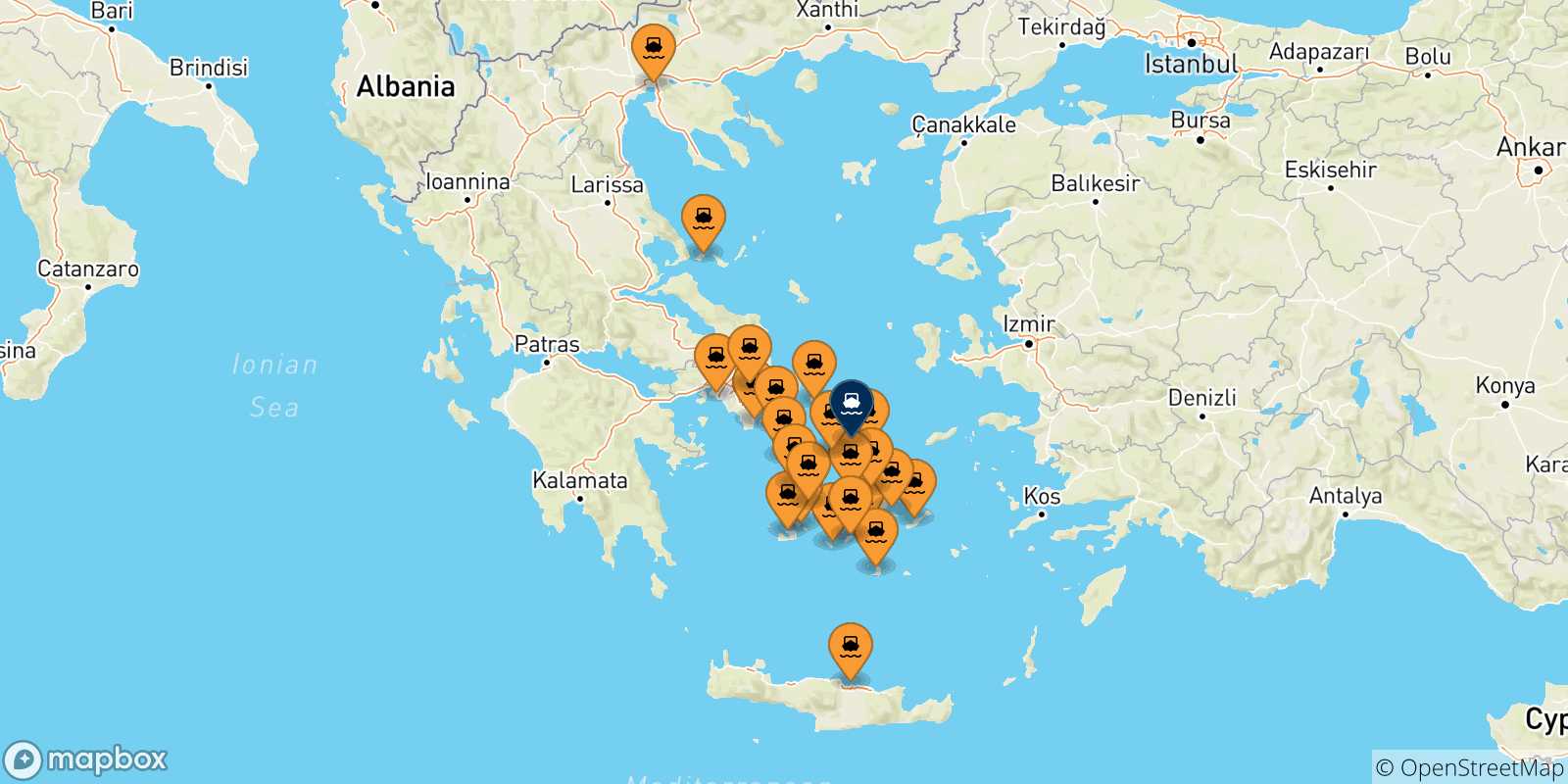 Carte des traversées possibles entre la Grèce et Tinos