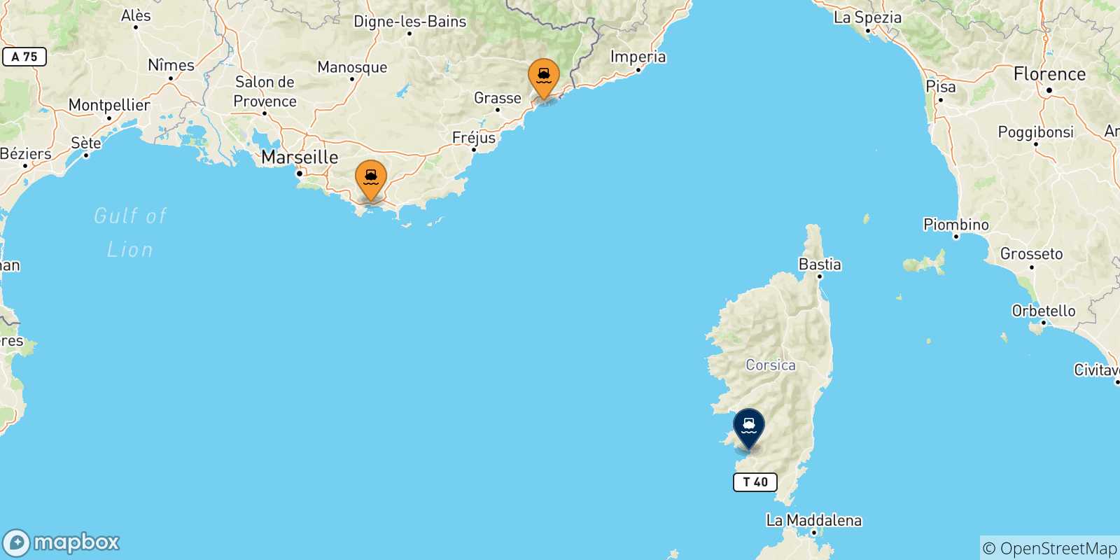 Carte des traversées possibles entre la France et Ajaccio