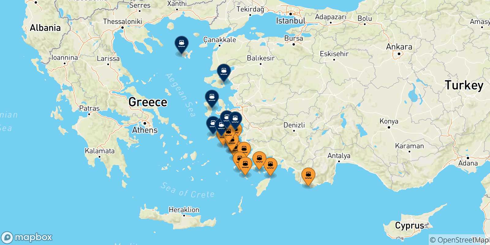 Carte des traversées possibles entre Îles Du Dodécanèse et les Îles Égéennes