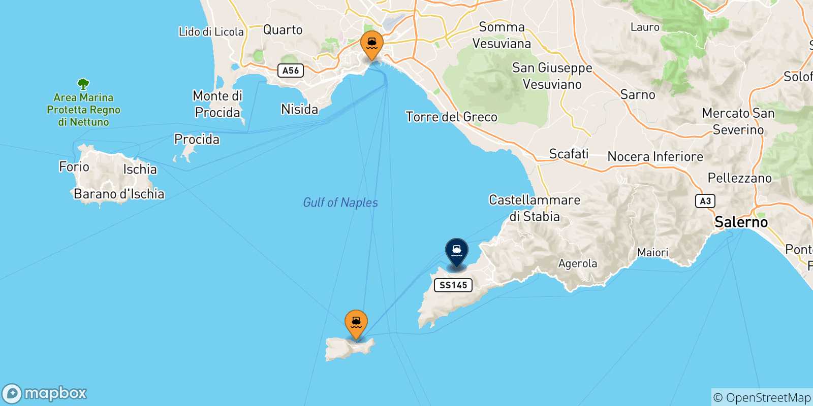 Carte des traversées possibles entre l'Italie et Castellammare