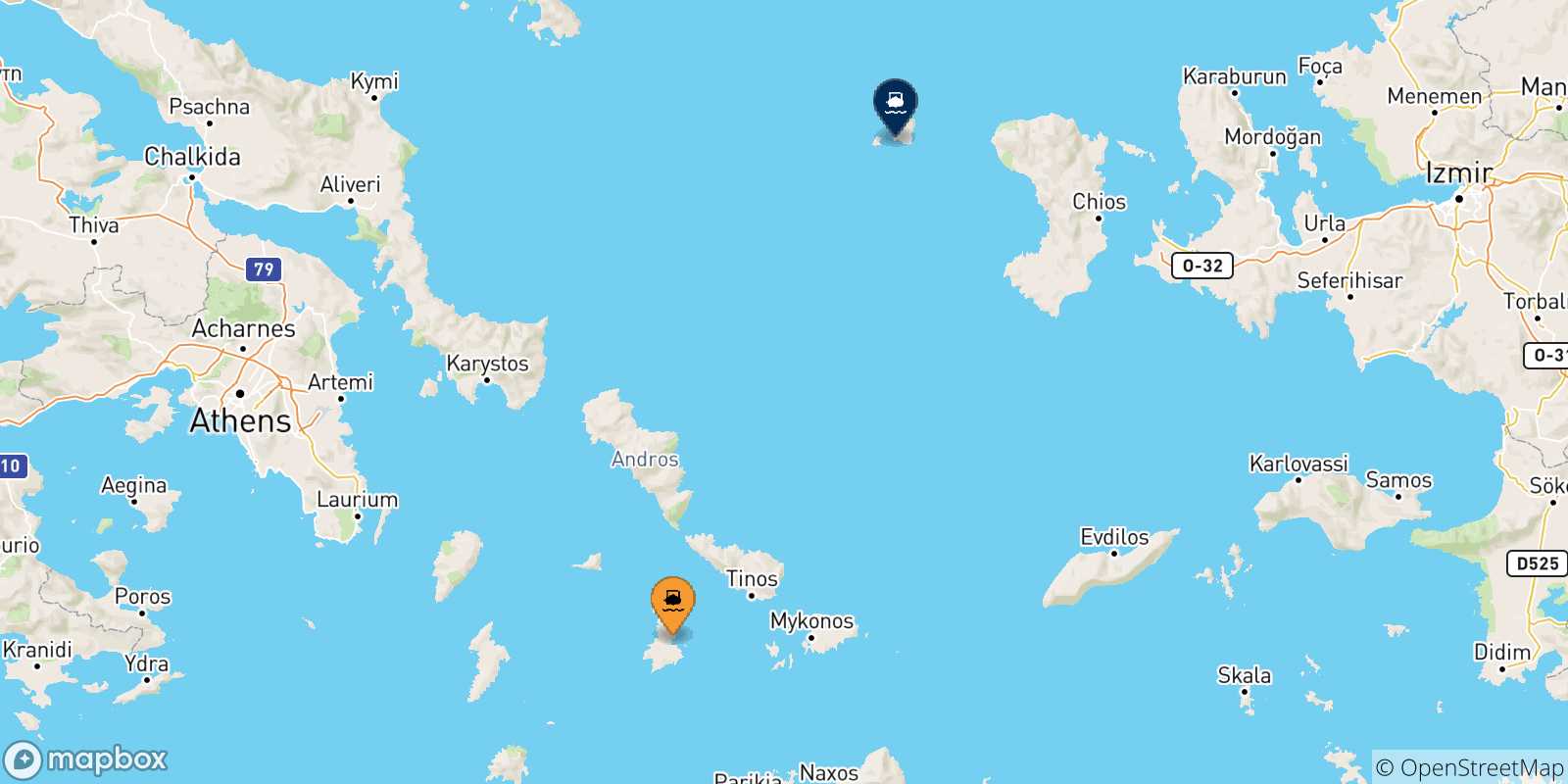 Carte des traversées possibles entre Îles Des Cyclades et Psara