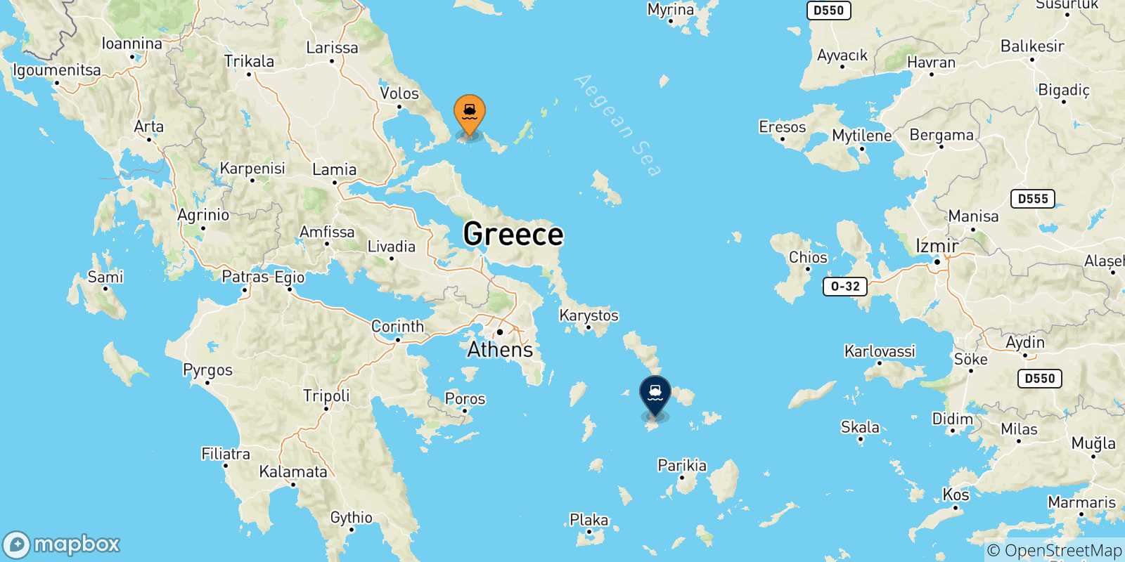 Carte des traversées possibles entre les Îles Sporades et Syros