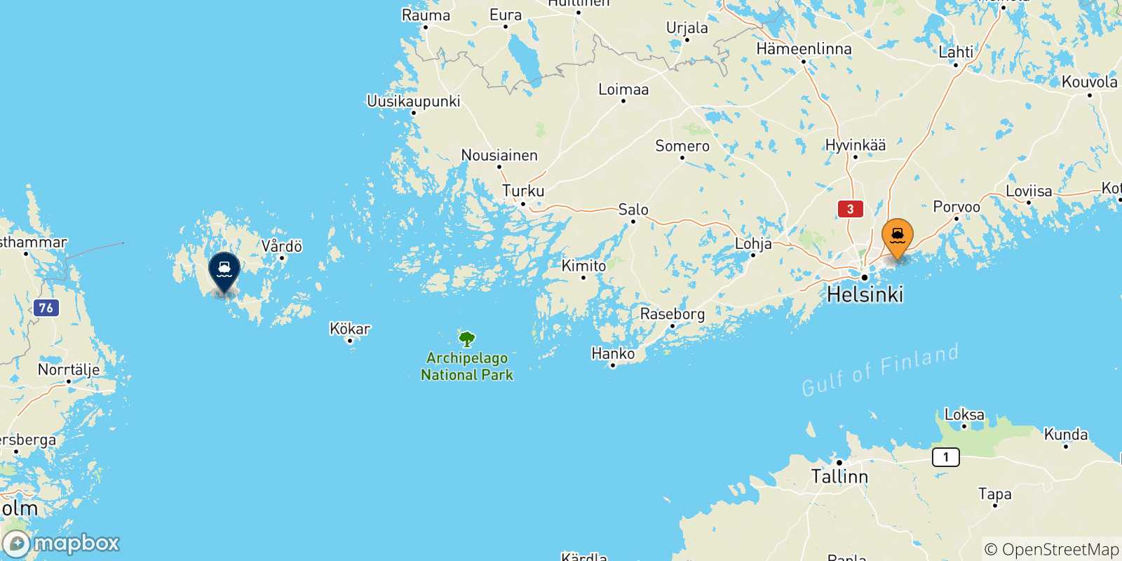 Carte des traversées possibles entre Helsinki et les Îles Aland