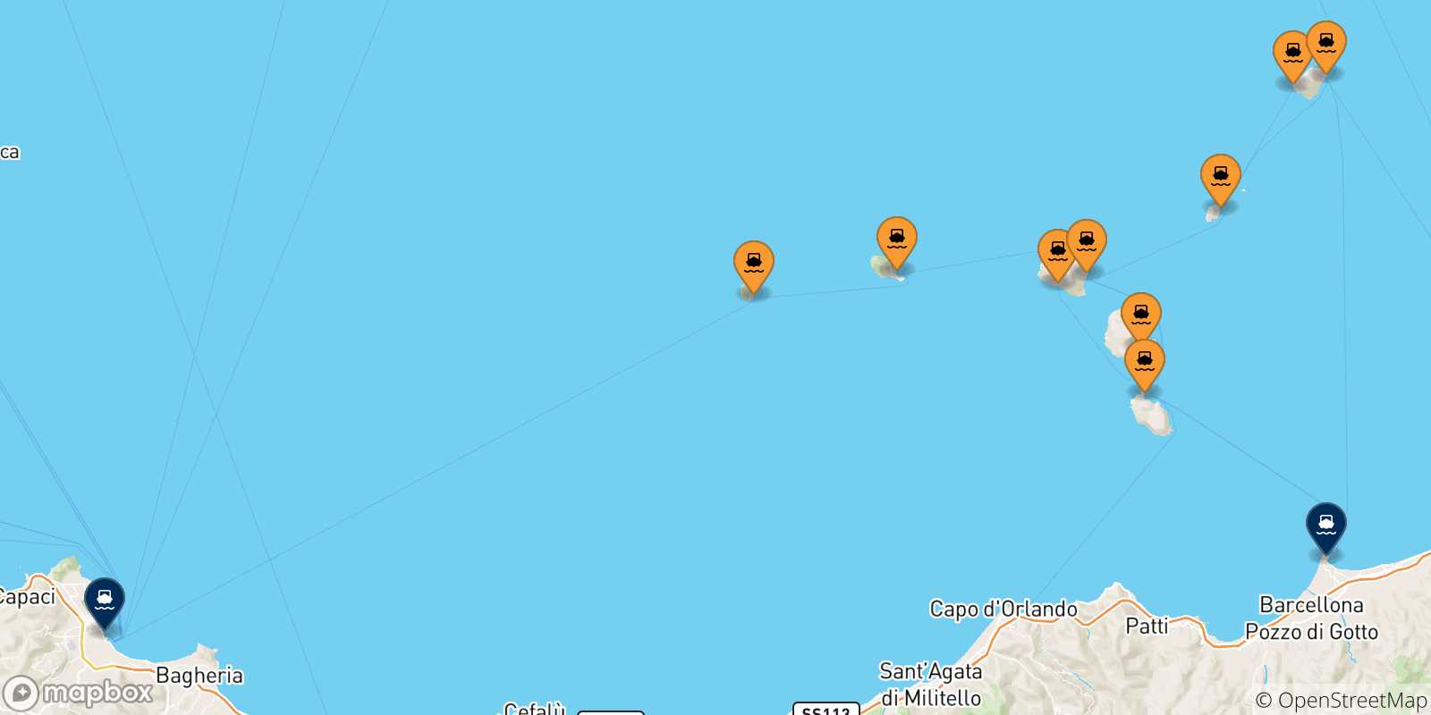 Carte des traversées possibles entre les Îles Éoliennes et la Sicile