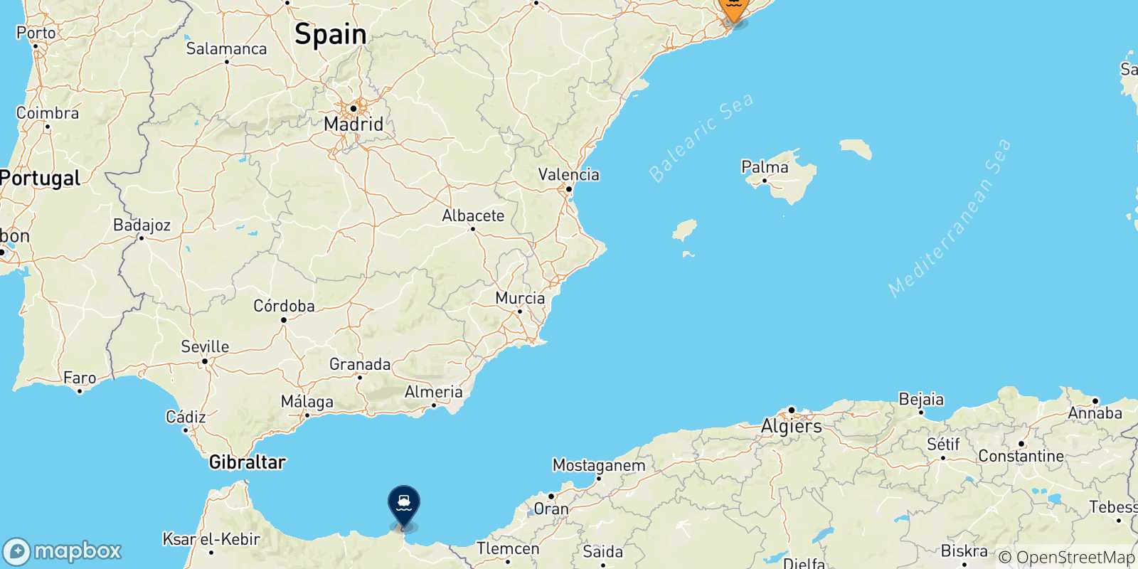 Carte des traversées possibles entre l'Espagne et Nador