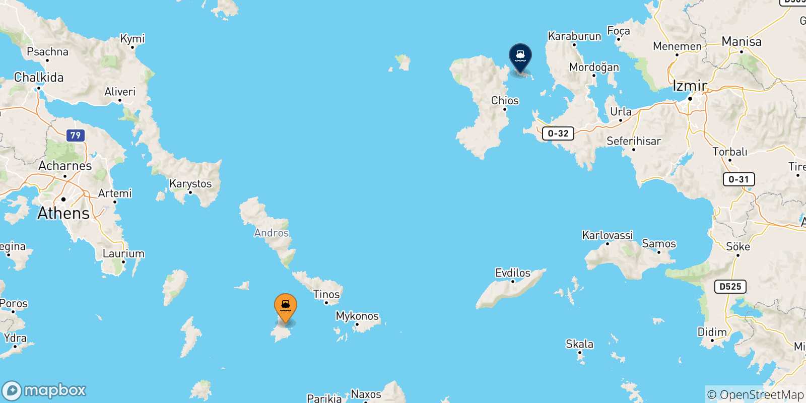 Carte des traversées possibles entre Îles Des Cyclades et Inousses