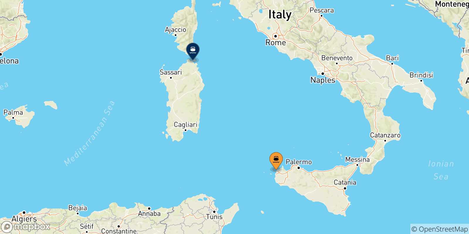 Carte des traversées possibles entre la Sicile et Golfo Aranci
