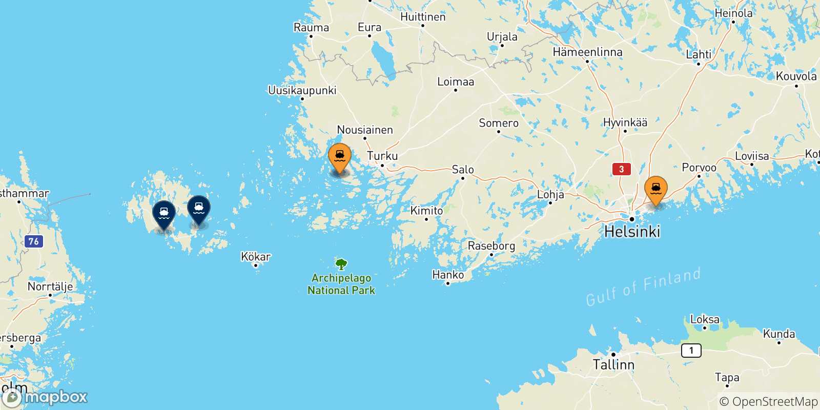 Carte des traversées possibles entre la Finlande et les Îles Aland