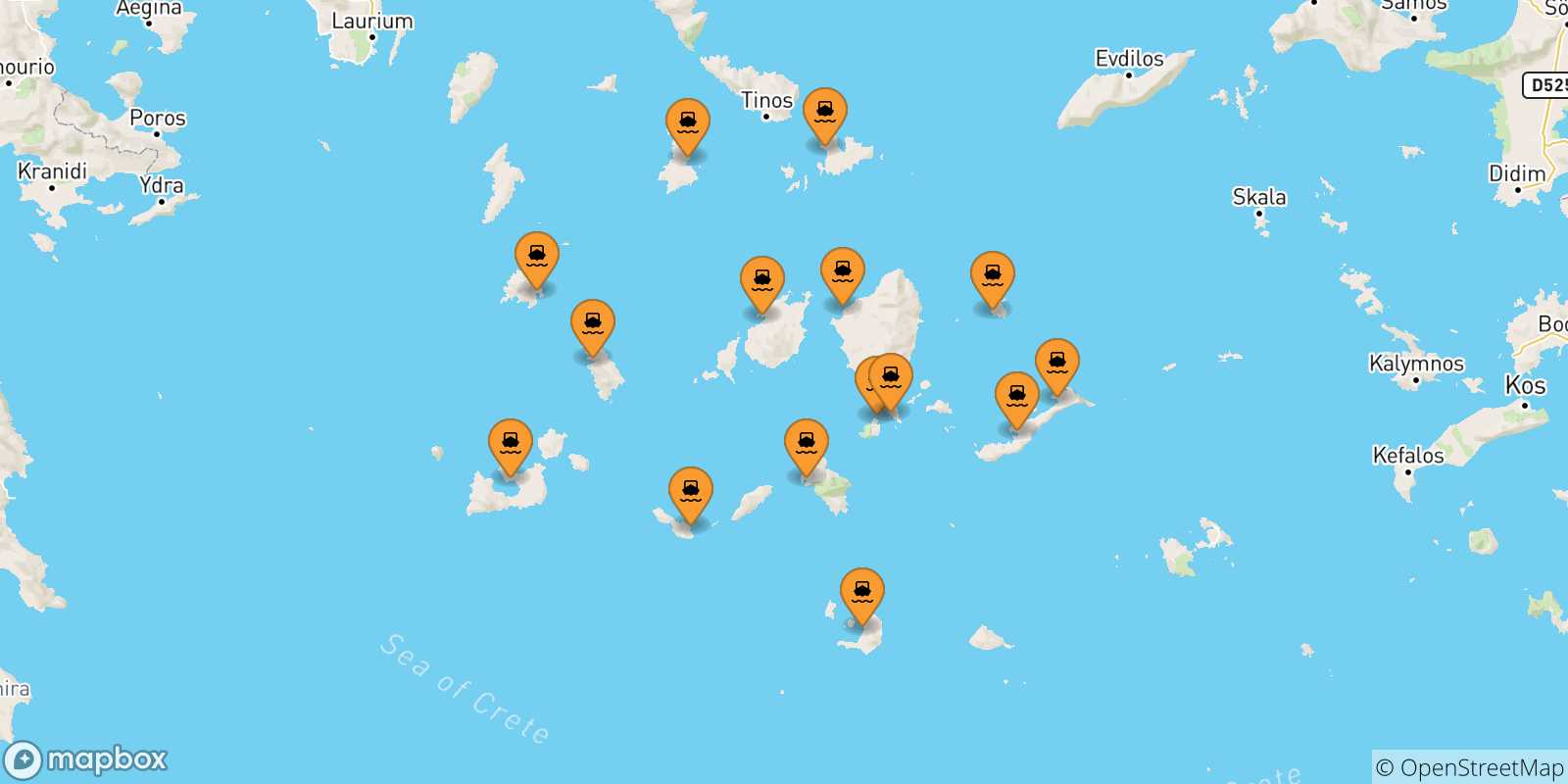 Carte des traversées possibles entre Îles Des Cyclades et Koufonissi