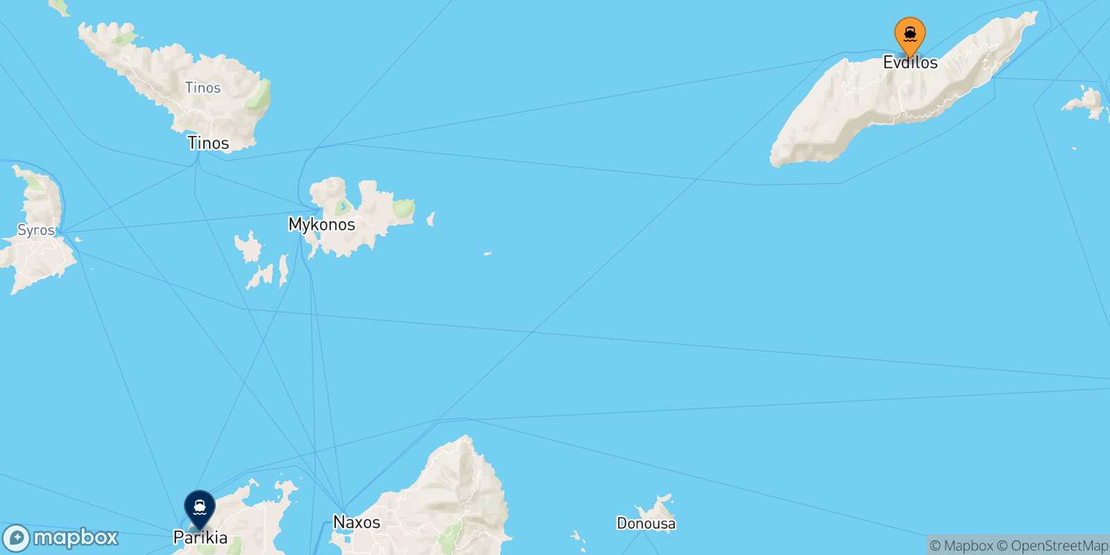 Carte des traverséesEvdilos (Ikaria) Paros