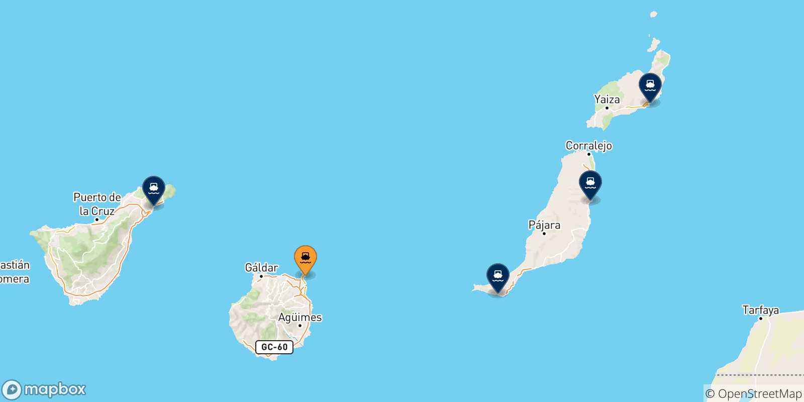 Carte des traversées possibles entre Las Palmas De Gran Canaria et les Îles Canaries
