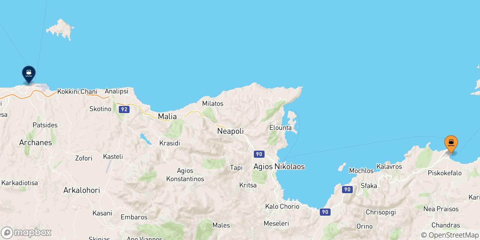 Carte des traversées possibles entre Sitia et la Crète