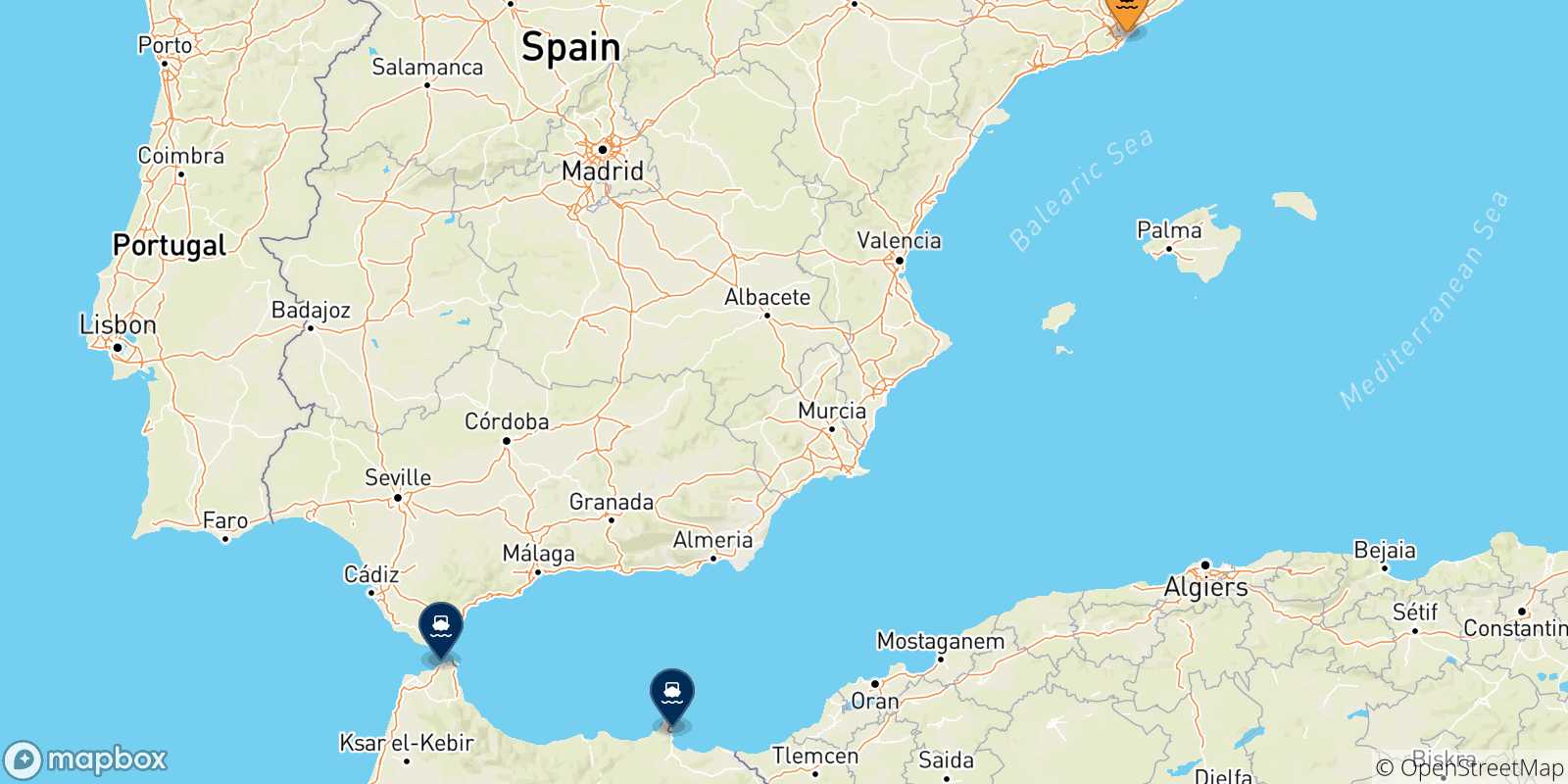 Carte des traversées possibles entre Barcelone et le Maroc