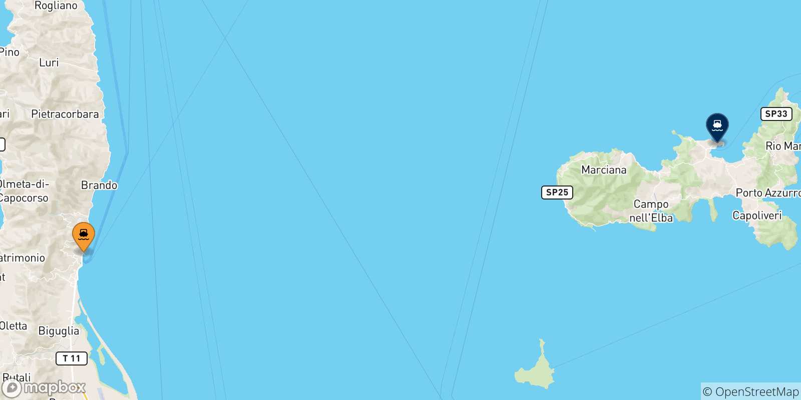 Carte des traversées possibles entre Bastia et l'Île D'elbe