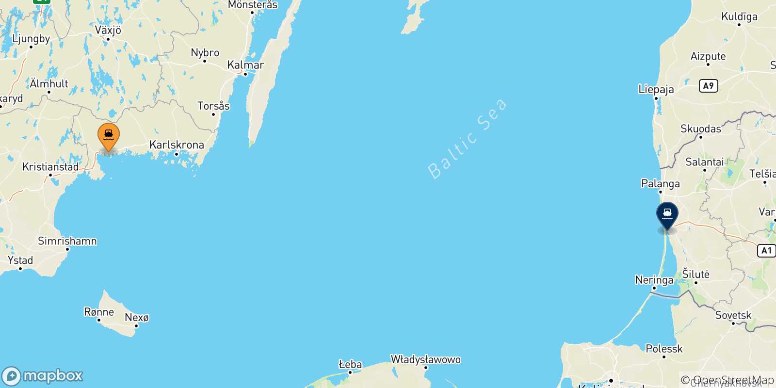 Carte des traversées possibles entre la Suède et Klaipeda