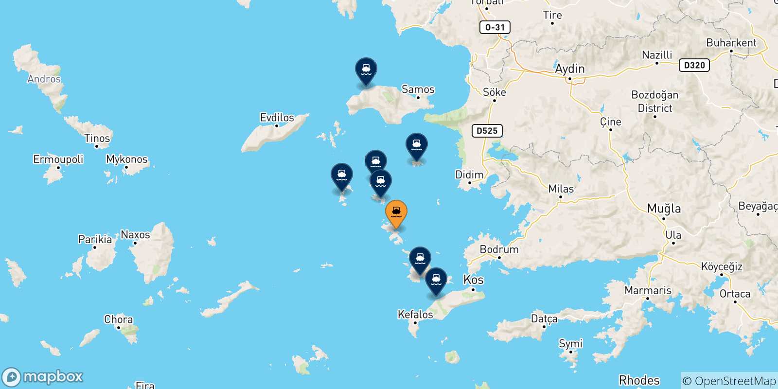 Carte des traversées possibles entre Agia Marina (Leros) et la Grèce