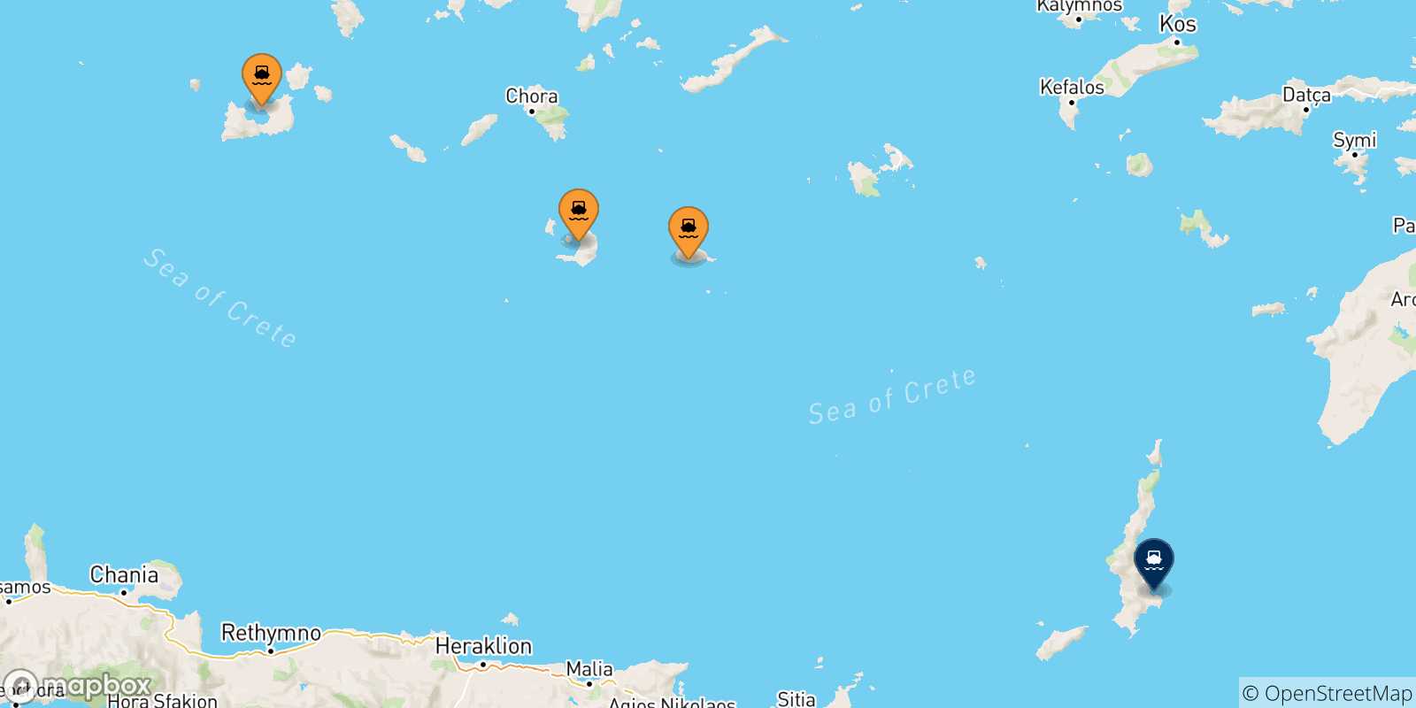 Carte des traversées possibles entre Îles Des Cyclades et Diafani (Karpathos)