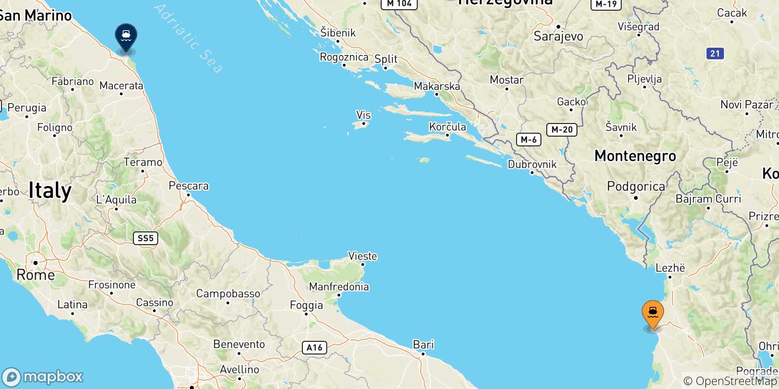 Carte des traversées possibles entre l'Albanie et Ancône