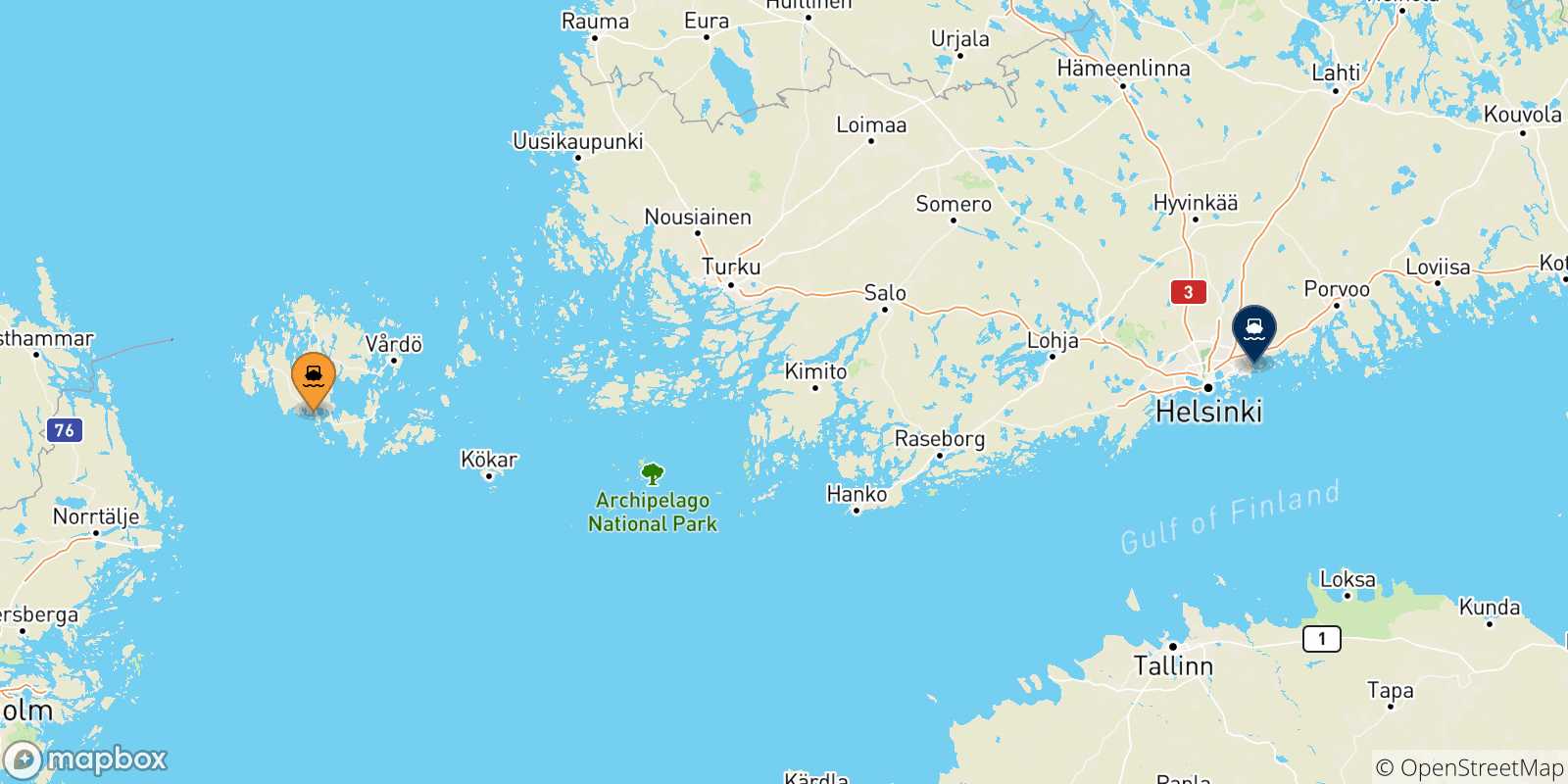 Carte des traversées possibles entre la Finlande et Helsinki