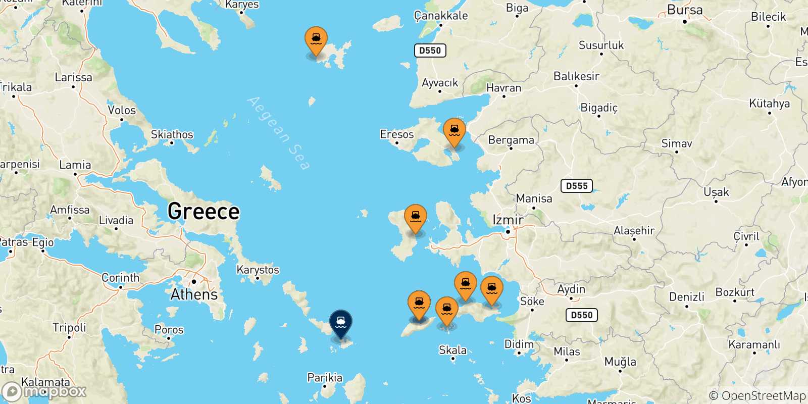 Carte des traversées possibles entre les Îles Égéennes et Mykonos