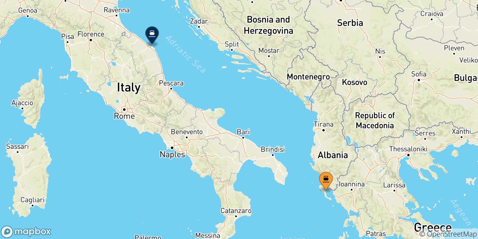 Carte des traversées possibles entre Îles Ioniennes et Ancône