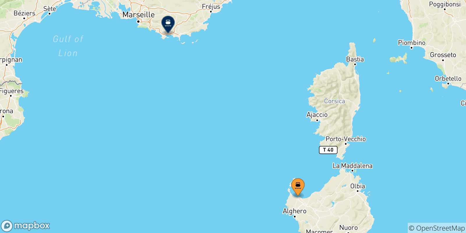 Carte des traversées possibles entre la Sardaigne et Toulon