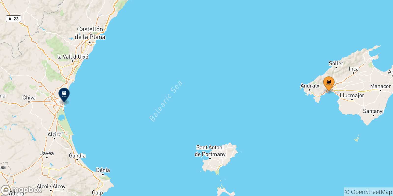 Carte des traversées possibles entre les Îles Baléares et Valence