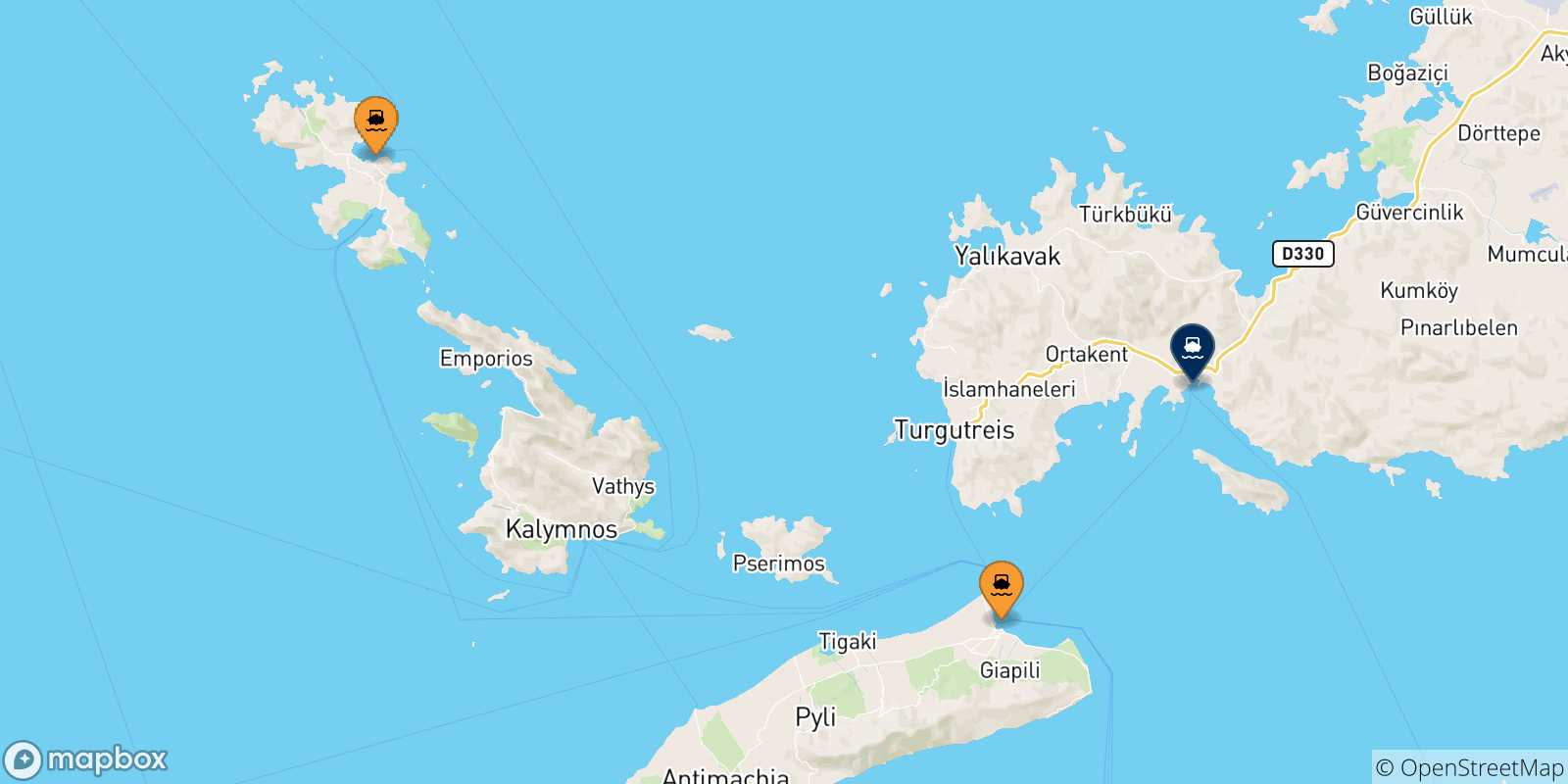 Carte des traversées possibles entre la Grèce et Turgutreis