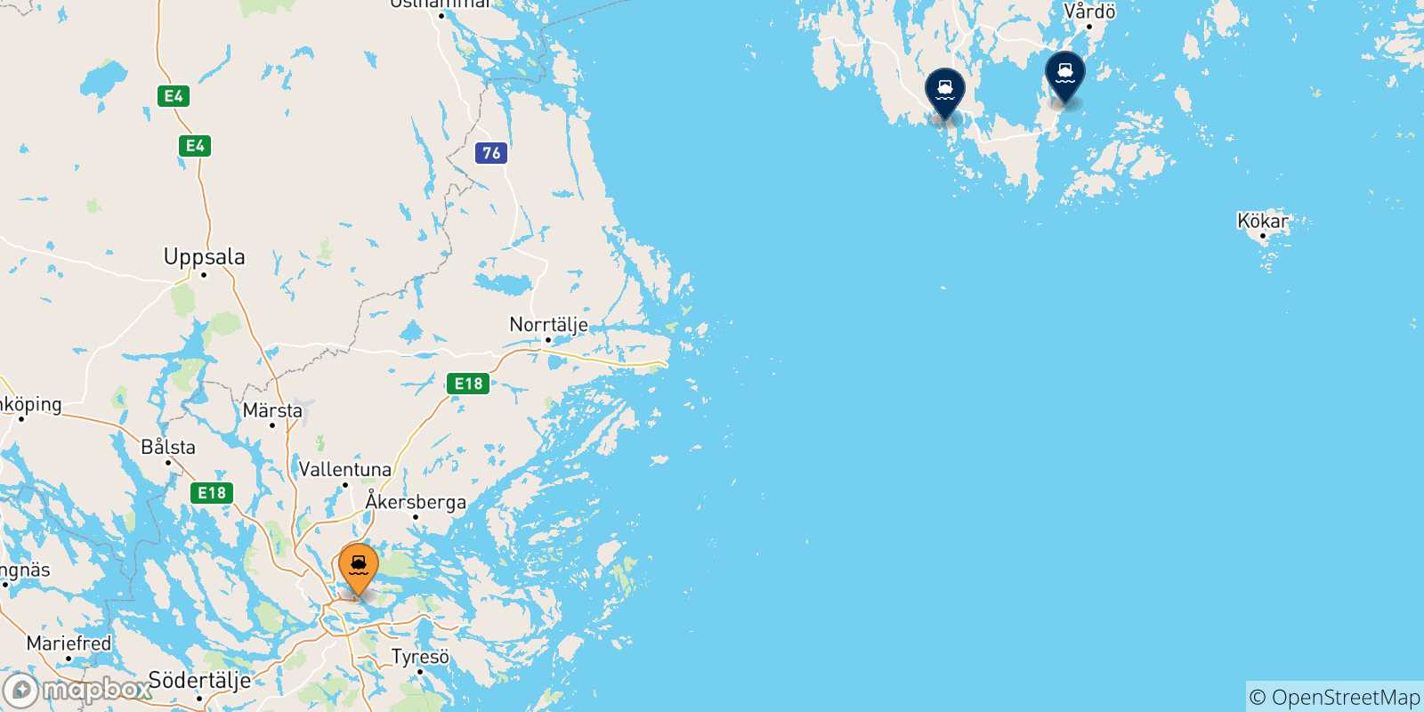 Carte des traversées possibles entre Stockholm et les Îles Aland