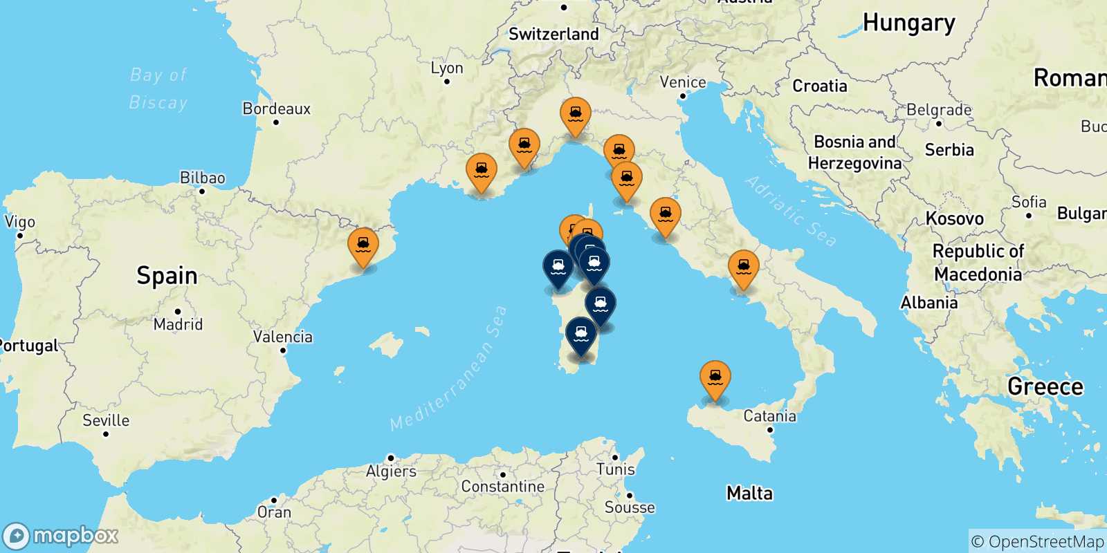 Carte des ports la Sardaigne