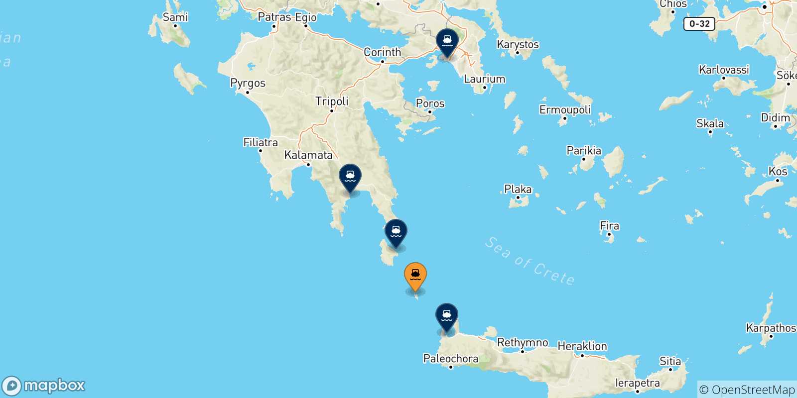 Carte des traversées possibles entre Anticythère et la Grèce