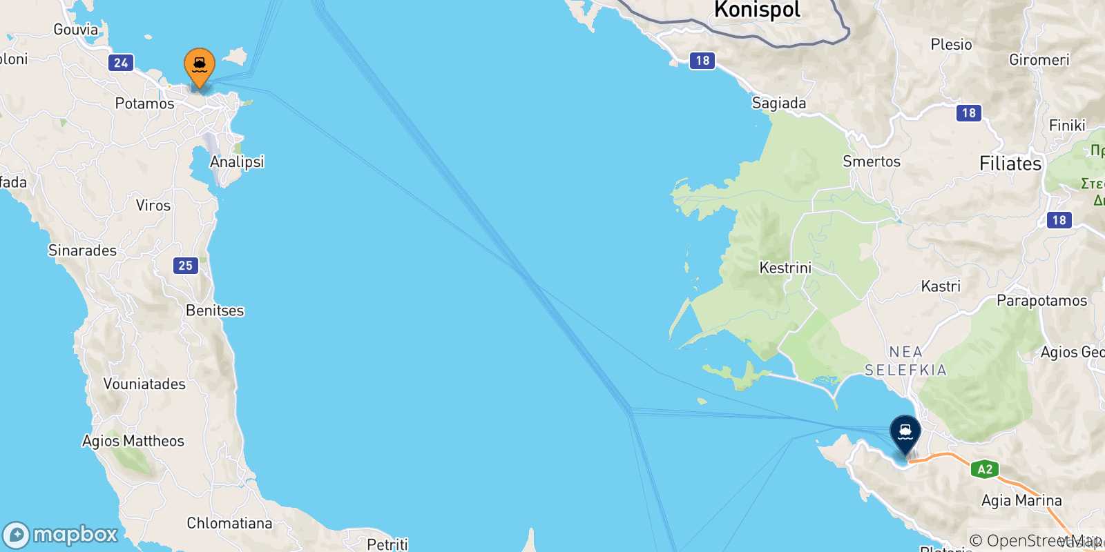Carte des traversées possibles entre Îles Ioniennes et Igoumenitsa