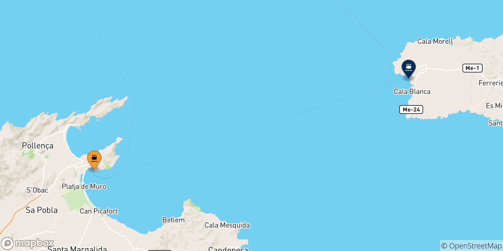 Carte des traversées possibles entre Alcudia (Majorque) et les Îles Baléares