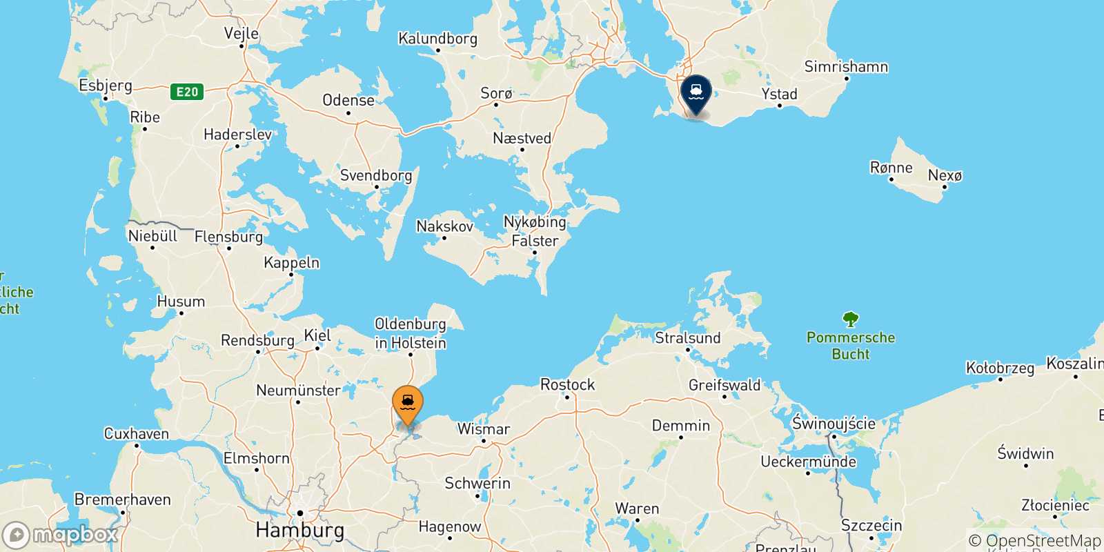 Carte des traversées possibles entre l'Allemagne et la Suède
