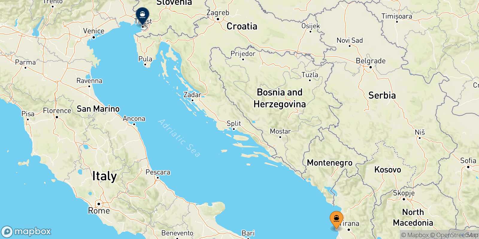 Carte des traverséesDurres Trieste