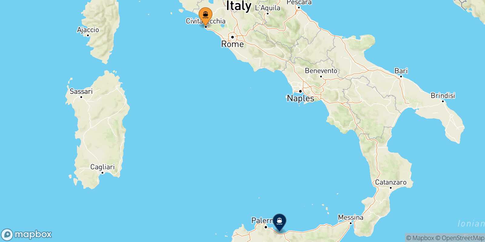 Carte des traverséesCivitavecchia Termini Imerese