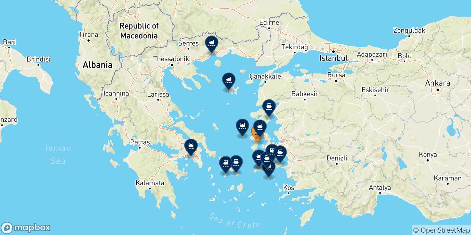 Carte des traversées possibles entre Chios et la Grèce
