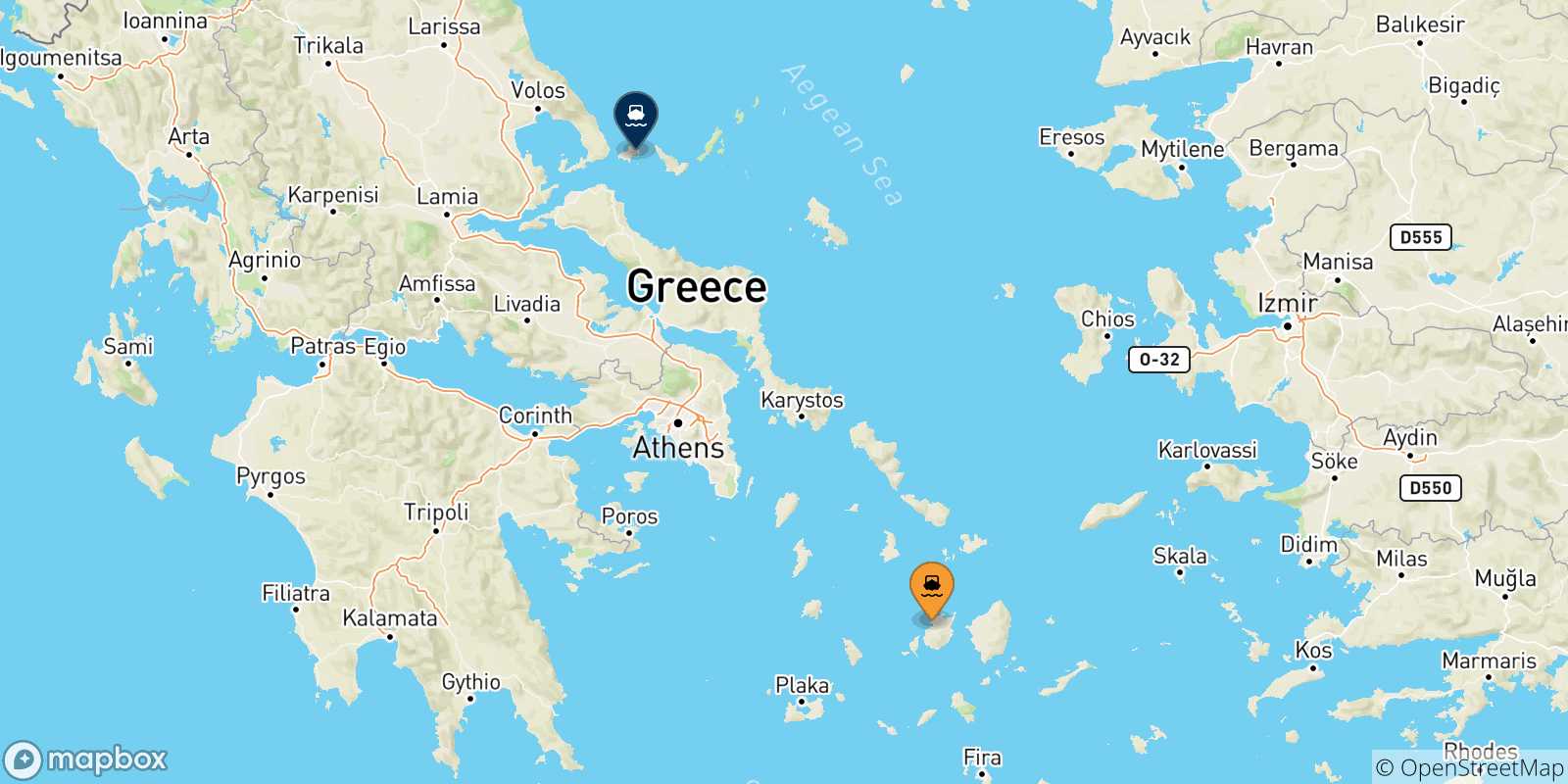 Carte des traversées possibles entre Paros et les Îles Sporades