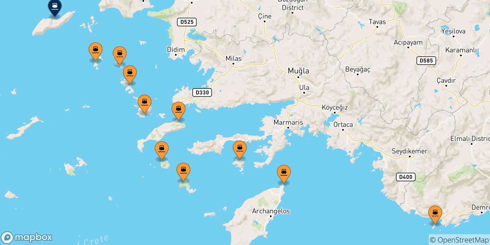 Carte des traversées possibles entre Îles Du Dodécanèse et Agios Kirikos (Ikaria)