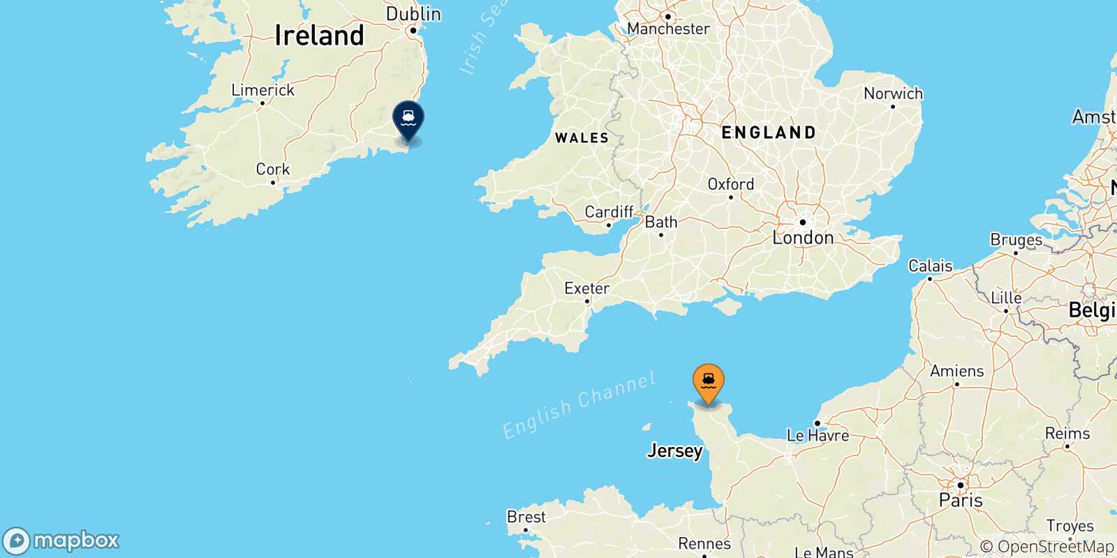 Carte des traversées possibles entre Cherbourg et Irlande