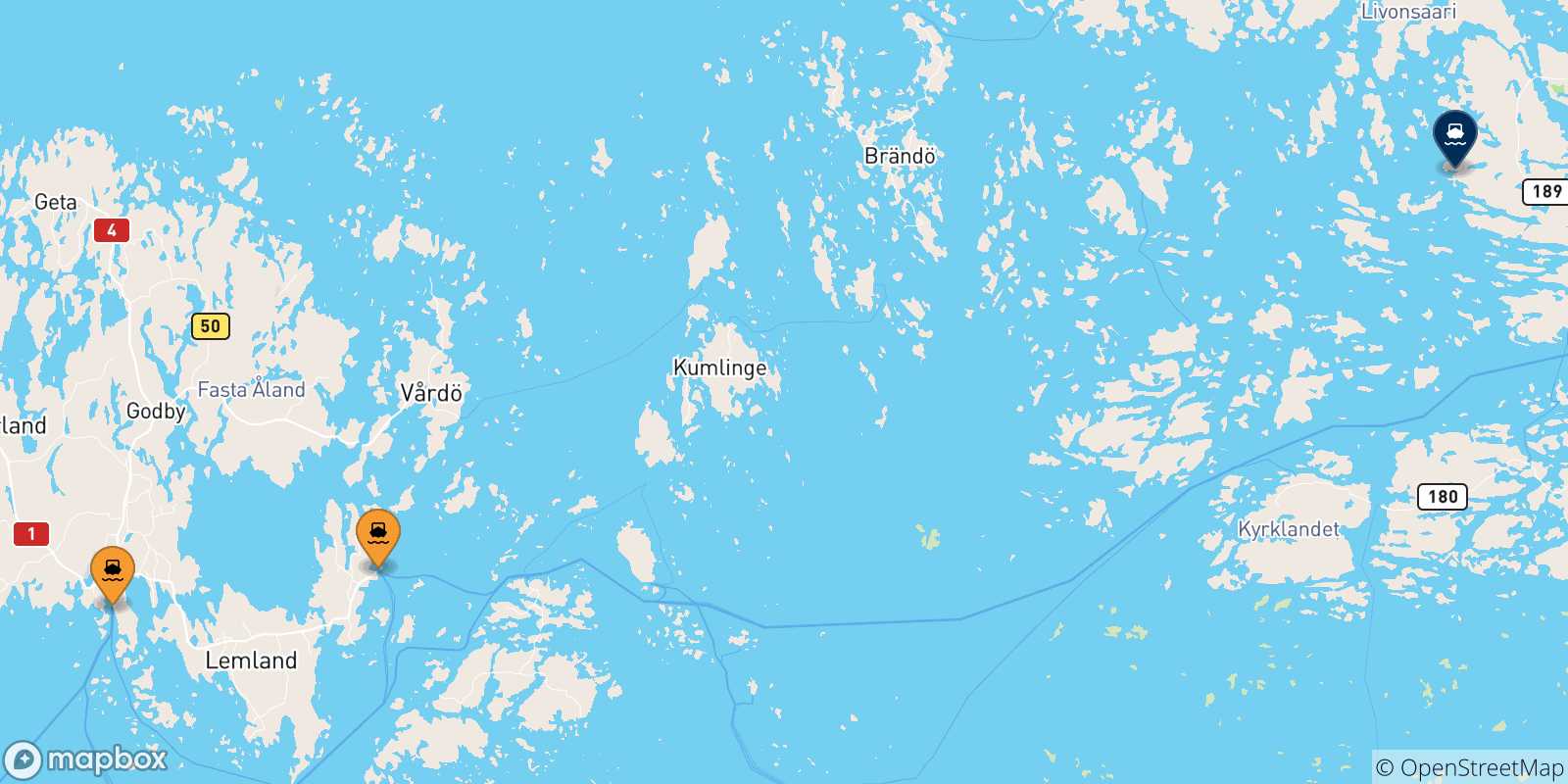 Carte des traversées possibles entre les Îles Aland et Turku
