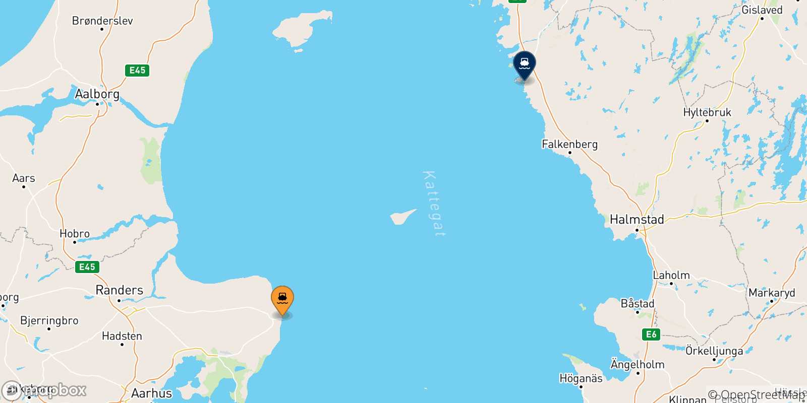 Carte des traversées possibles entre Grenaa et la Suède