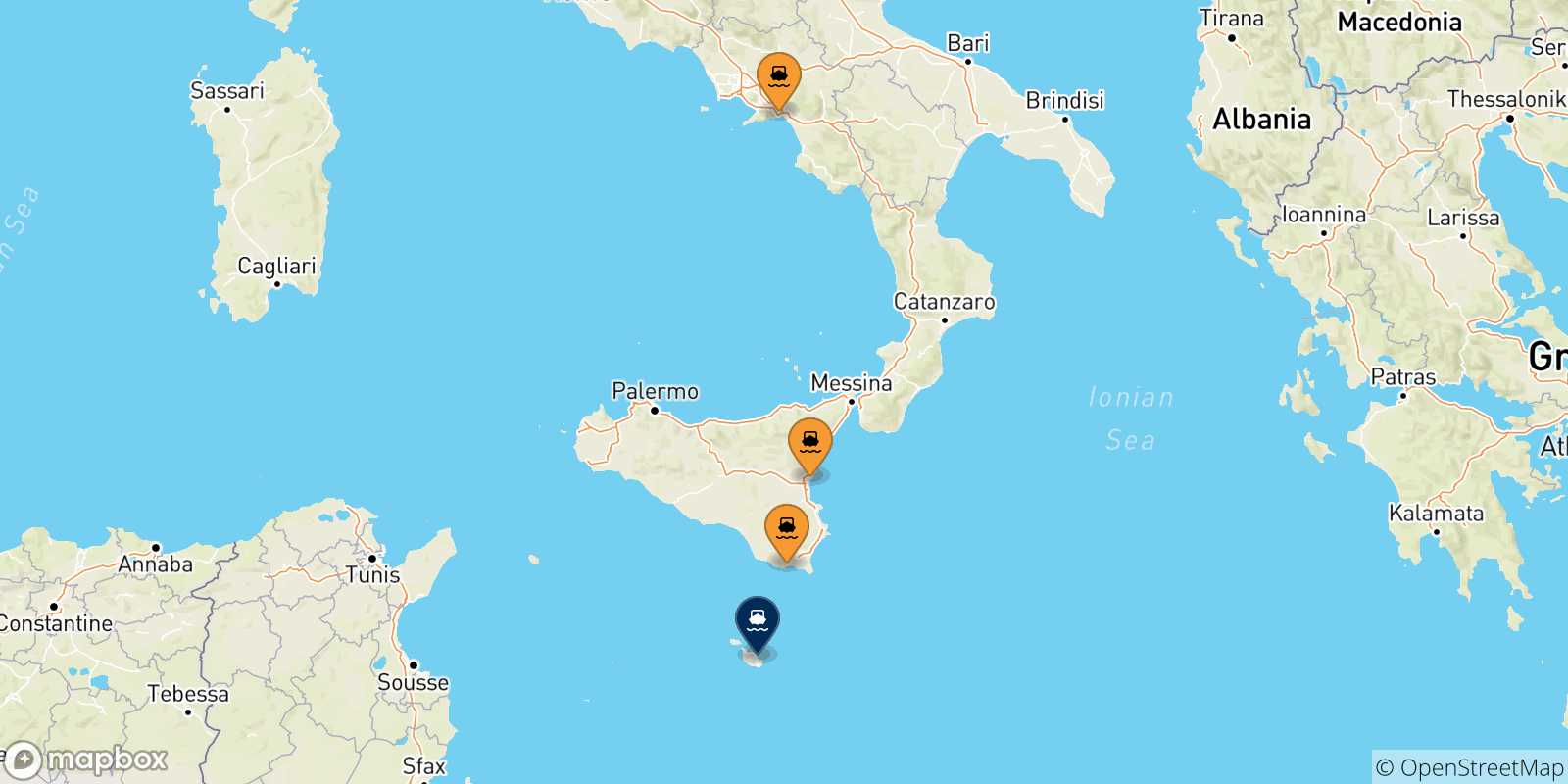 Carte des traversées possibles entre l'Italie et Malte