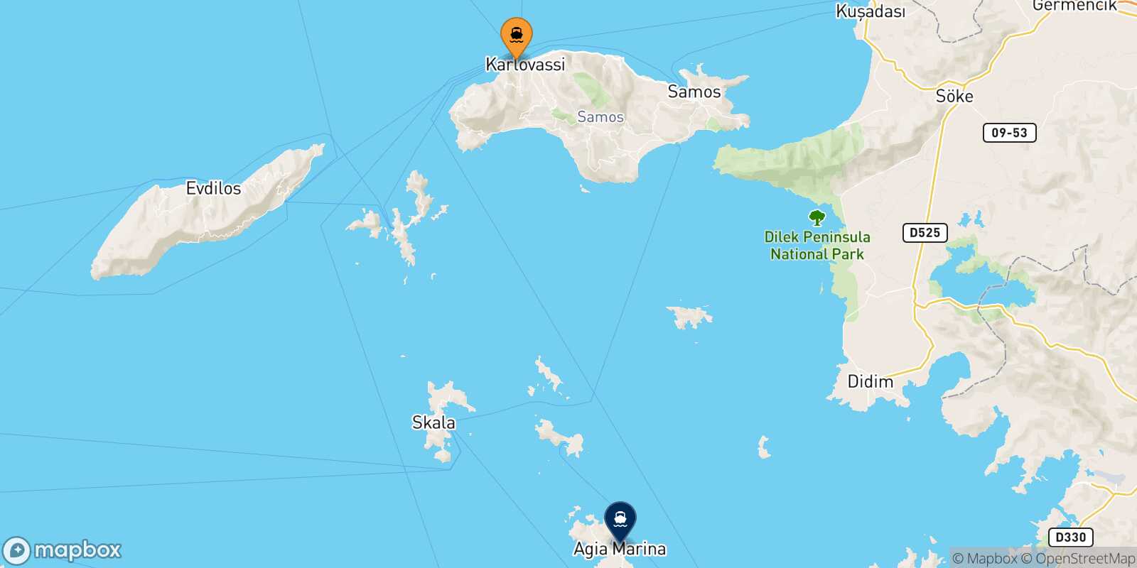 Carte des traverséesPythagorio (Samos) Agia Marina (Leros)