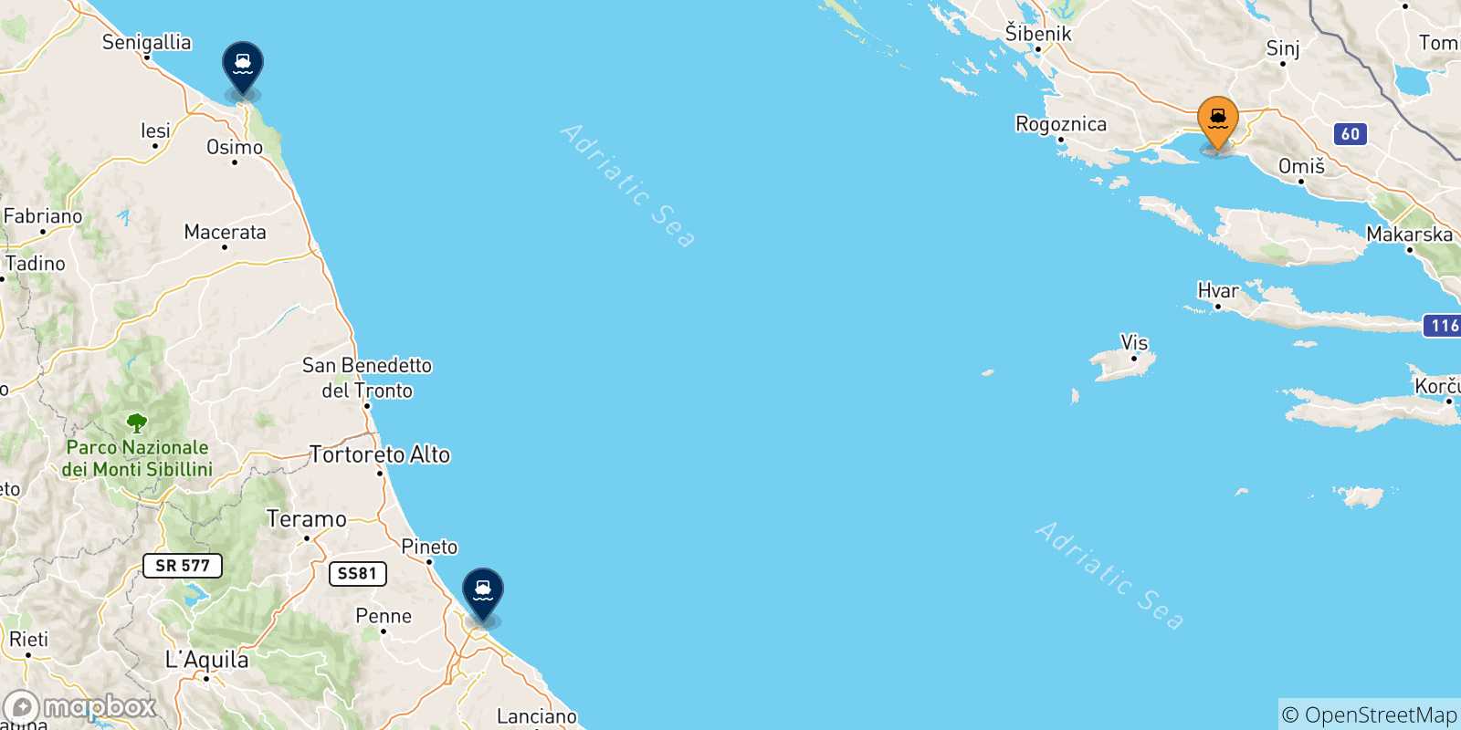 Carte des traversées possibles entre Split et l'Italie