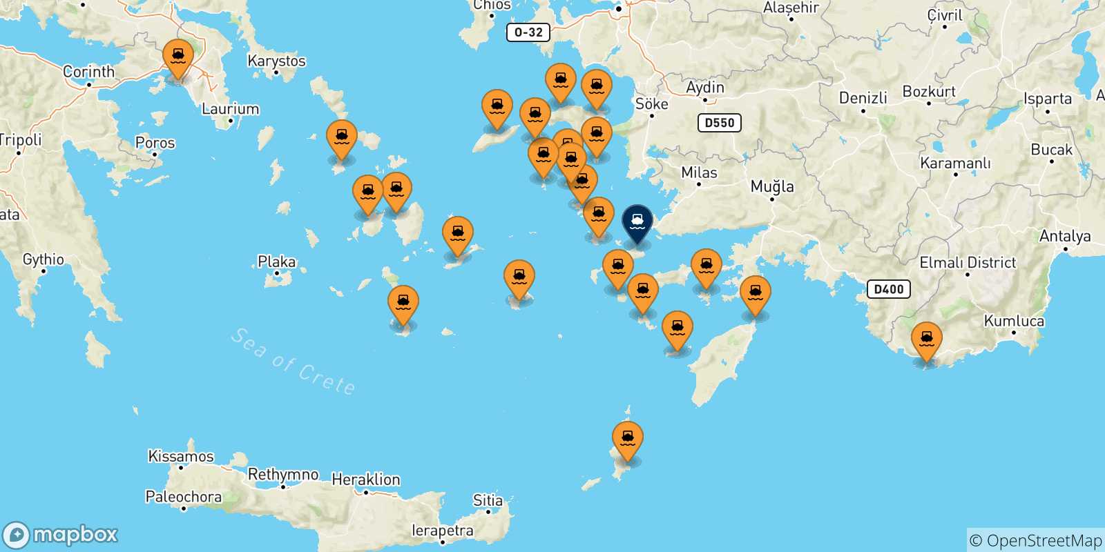 Carte des traversées possibles entre la Grèce et Kos