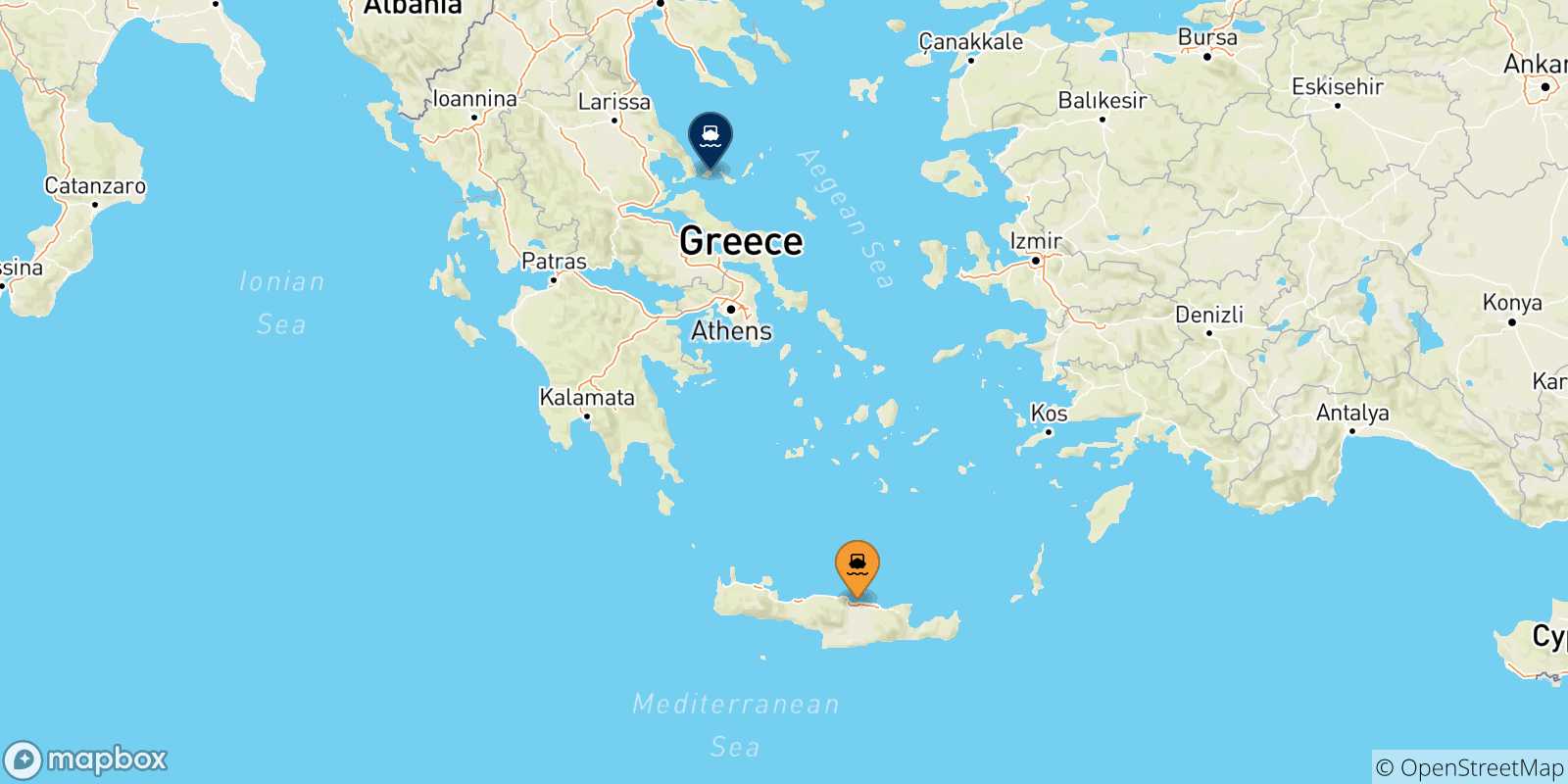 Carte des traversées possibles entre la Crète et les Îles Sporades