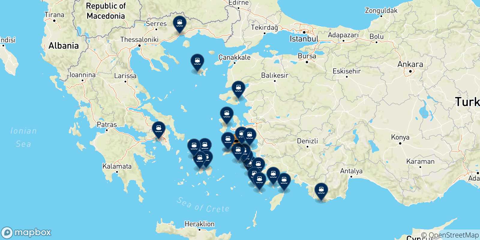 Carte des traversées possibles entre Fourni et la Grèce