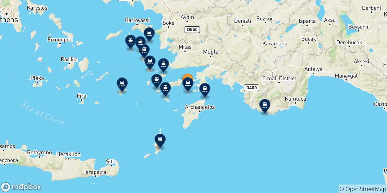 Carte des traversées possibles entre Symi et Îles Du Dodécanèse